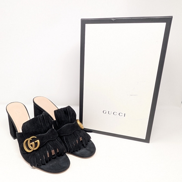 Gucci Size 40 Marmont Suede Fringe Mules Kiltie Heels Sandals Double G - Picture 2 of 15